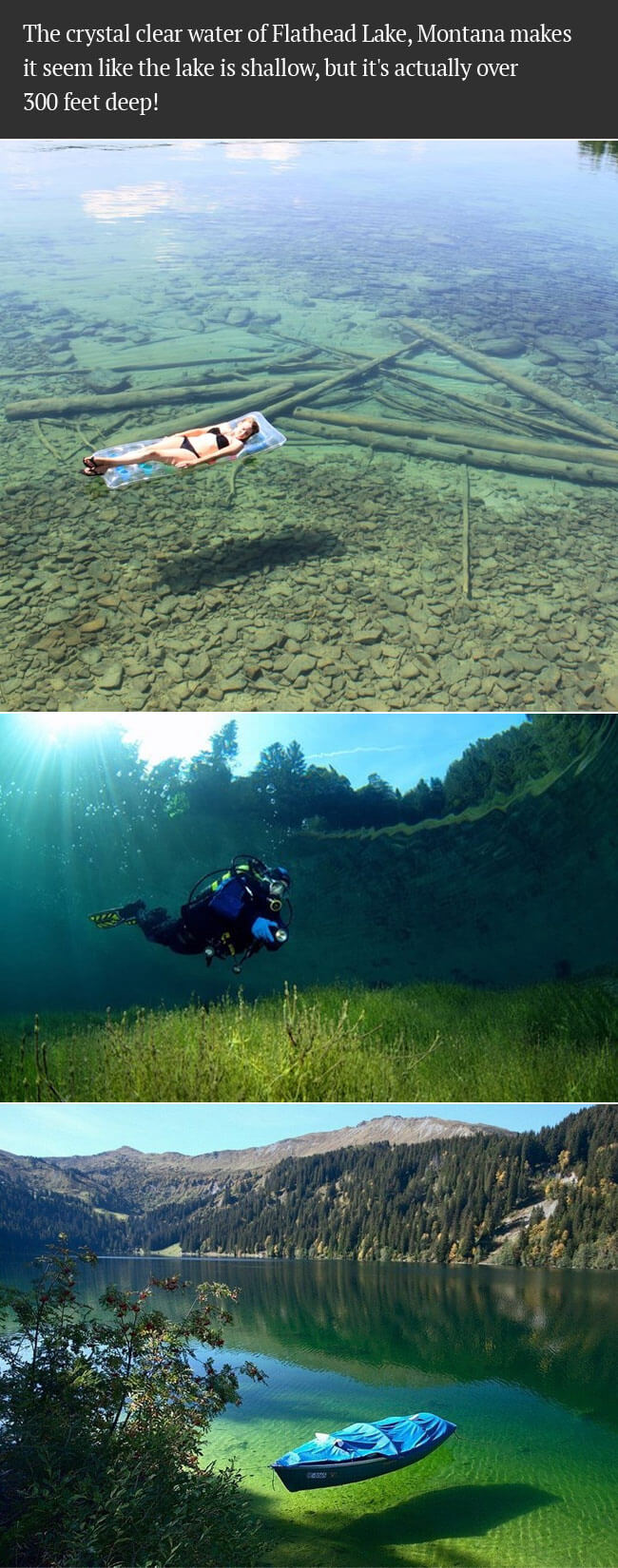 The crystal clear water of Flathead Lake, Montana makes it seem like the lake is shallow, but it's actually over 300 feet deep!