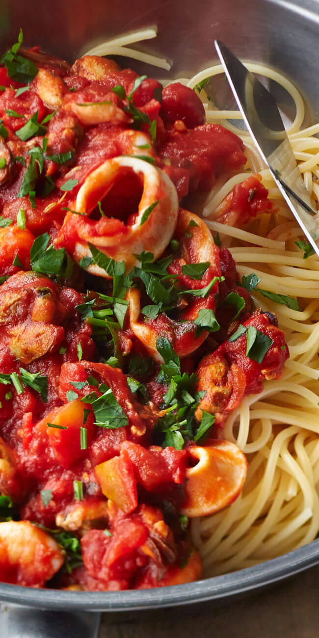 Spaghetti with smoky tomato & seafood sauce