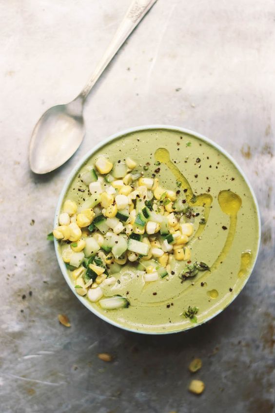 Chilled Cream of Basil Soup with a Corn + Cucumber Salad
